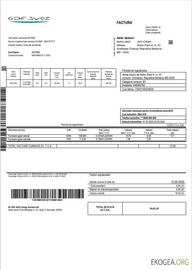 Moldova Gas utility bill template in Word and PDF format